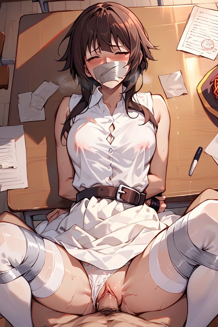 White Skirt, Lying On Table, White Stockings Hentai IA pornografia