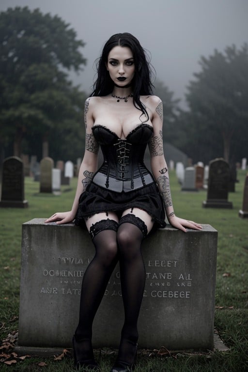 Gothic, Sitting Leaned Back Legs Wide Spread, HorrorPorno IA transsexuelle