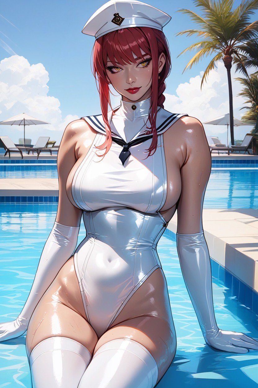 White Latex Sailor Uniform Swimsuit, Makima, Crotchless Hentai IA pornografia