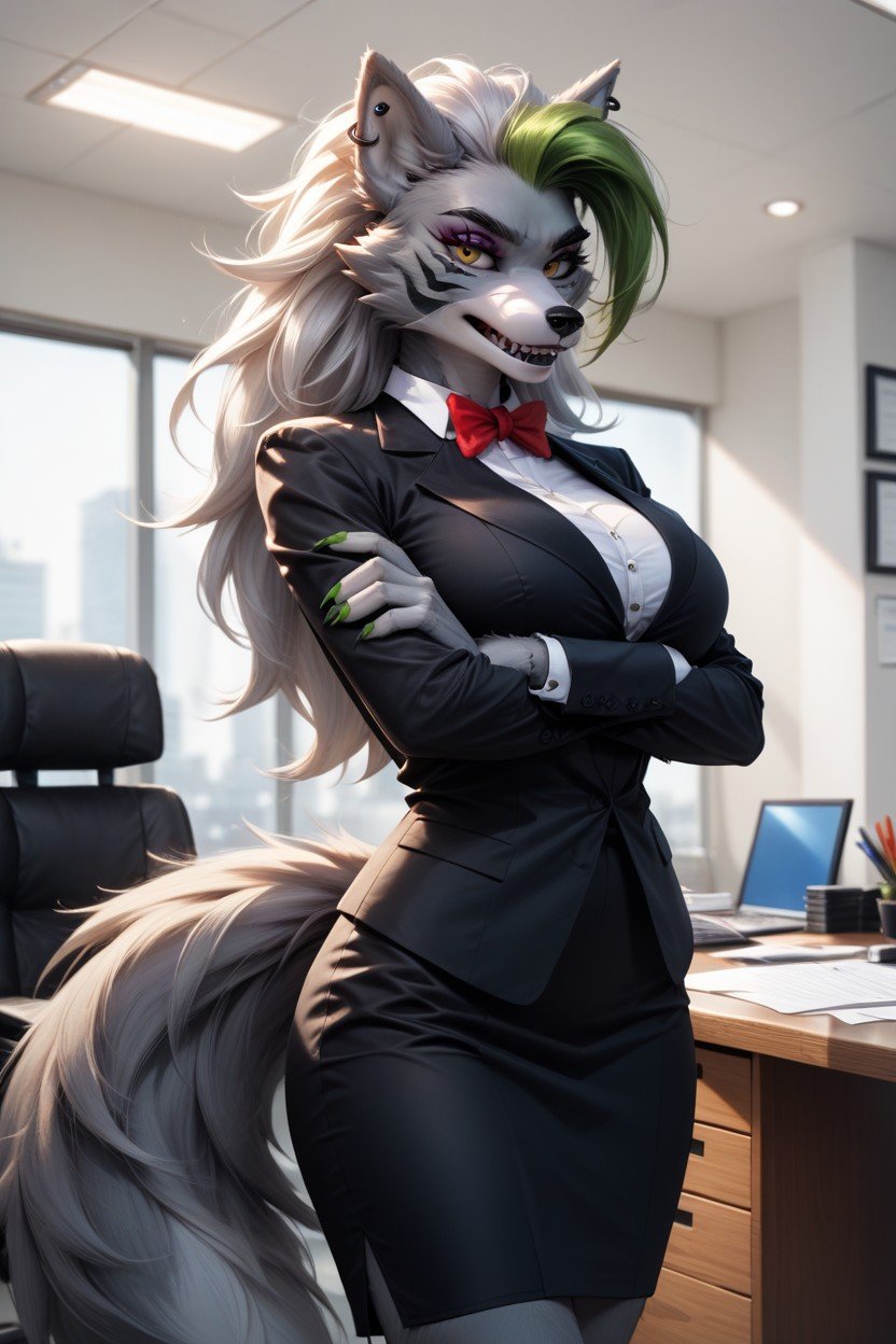 Furryin A Strict Black Suit, Bureau, Tir À La TaillePorno IA transsexuelle