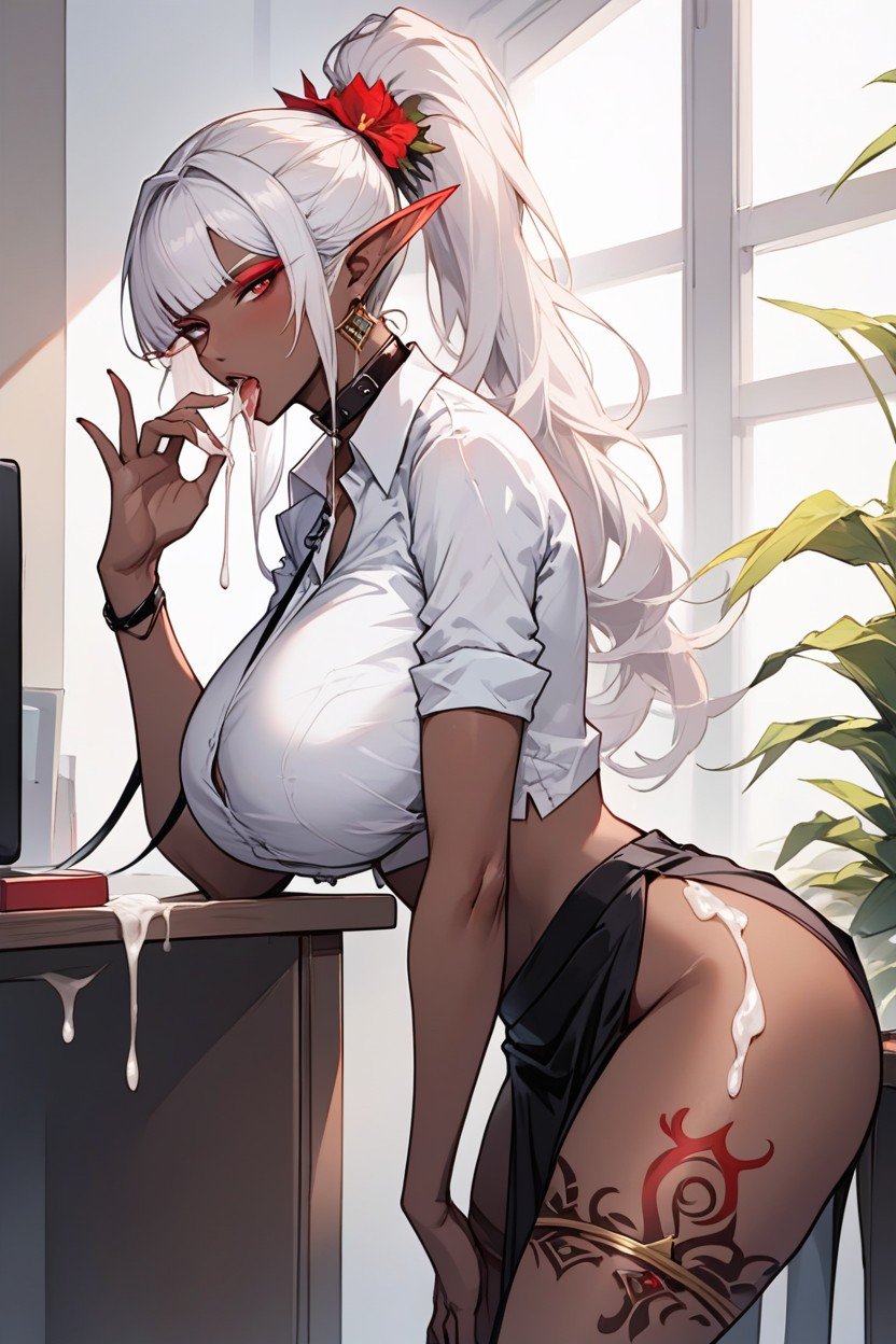 White Hair, Leash, Vista LateralHentai IA