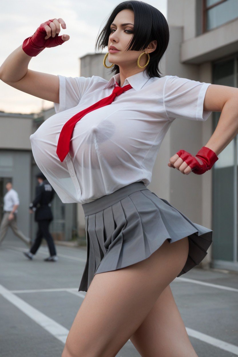 Grey Pleated Skirt, Gigantic Breasts, Uniform Shemale AI Porn