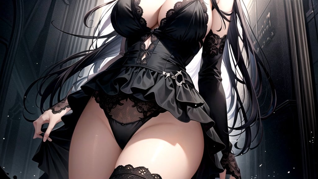 Gothic Anime-style Female Character With A Mysterious And Seductive Appearance She Has Long Flowing Dark Hair, Cracked Walls, Sharp Contrasts Furry IA