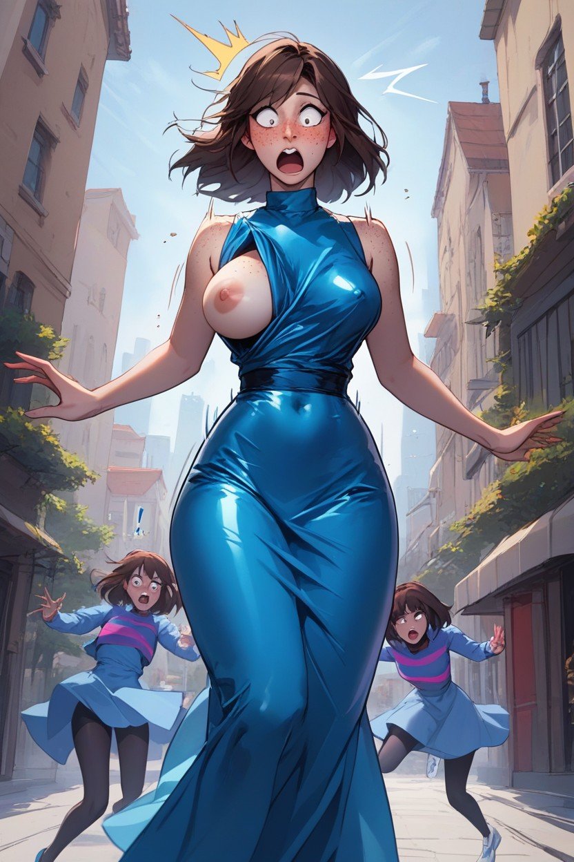 Chara From Undertale, Bounce Lines, Latex Blue Dress Shemale AI Porn