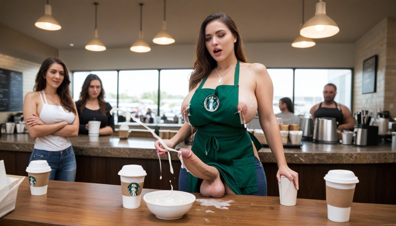 Semen, Cum Filled Starbucks Cup, Muitas Pessoas Ao Redor Travesti IA Pornô