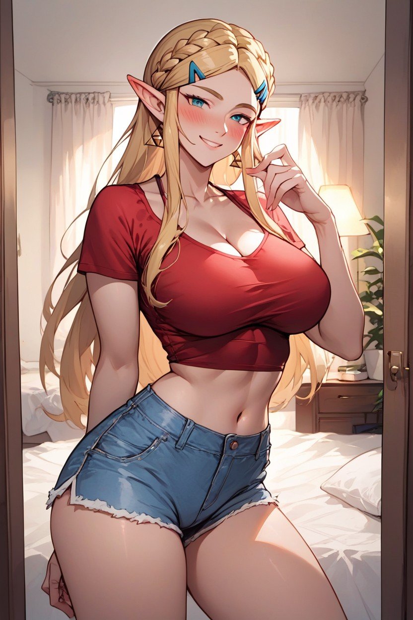 Red Crop Top, Taking A Selfie, 가슴골쉬메일 AI 포르노