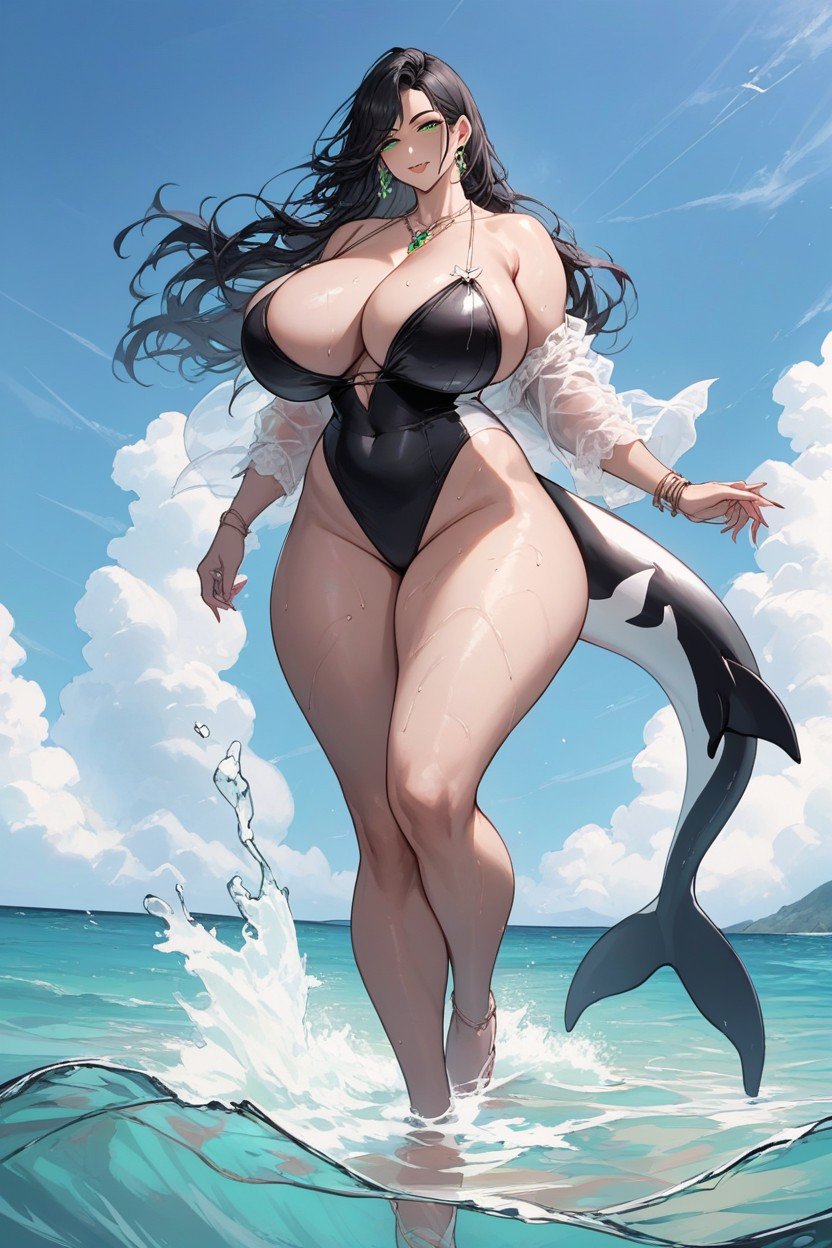 Black Hair With Some White Strands, Sea Green Eyes, Black And White Orca TailヘンタイAIポルノ