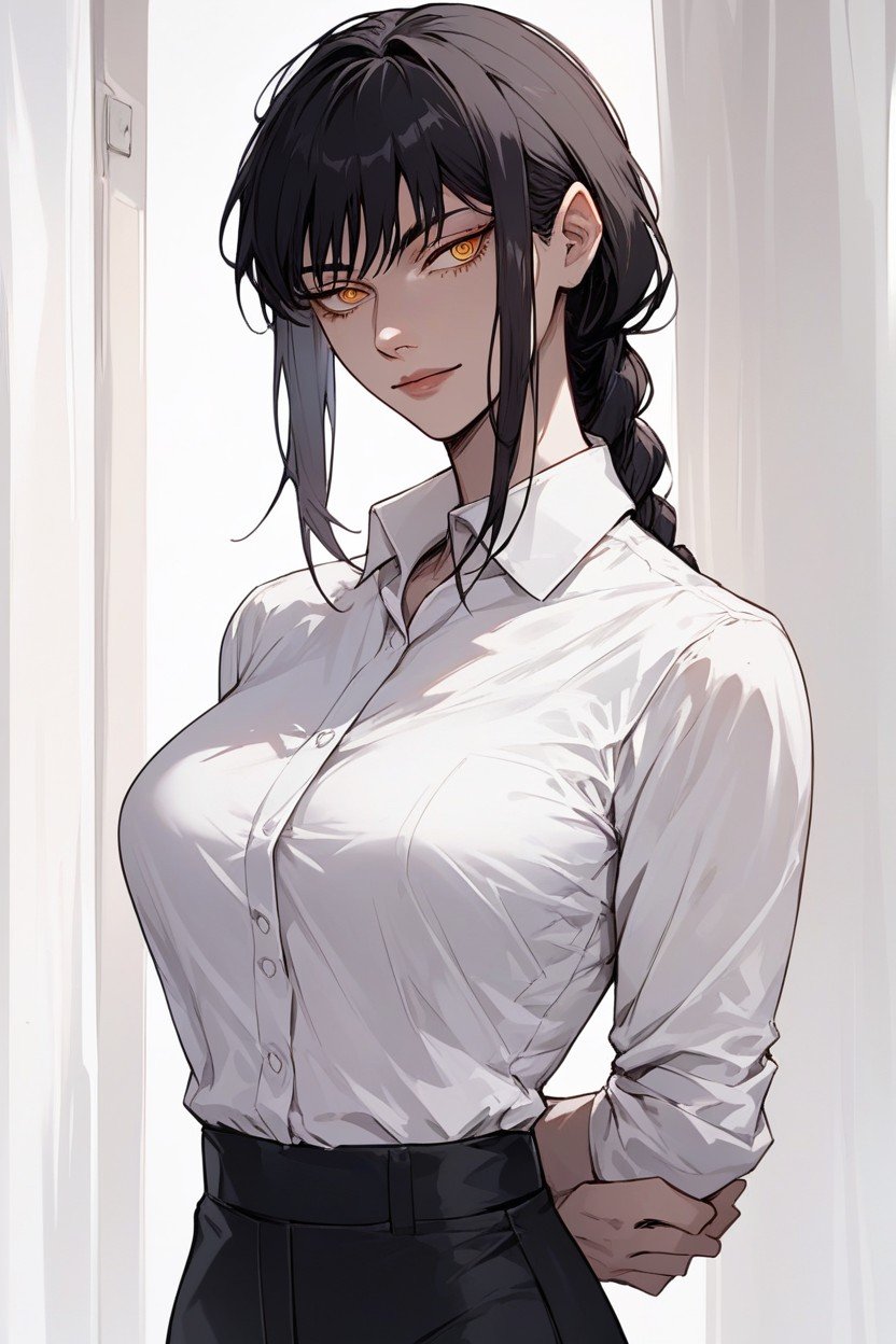 Black Office Pants, White Office Shirt, Makima From Chainsaw Man With Black Hair쉬메일 AI 포르노