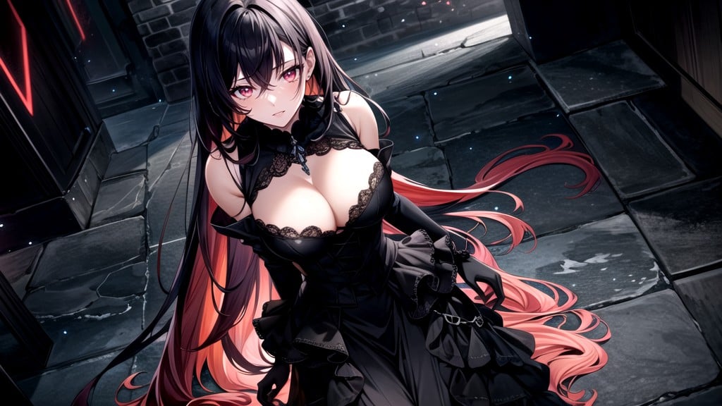 Gothic Anime-style Female Character With A Mysterious And Seductive Appearance She Has Long Flowing Dark Hair, Sharp Contrasts, With Dim Lighting ファーリーAIポルノ