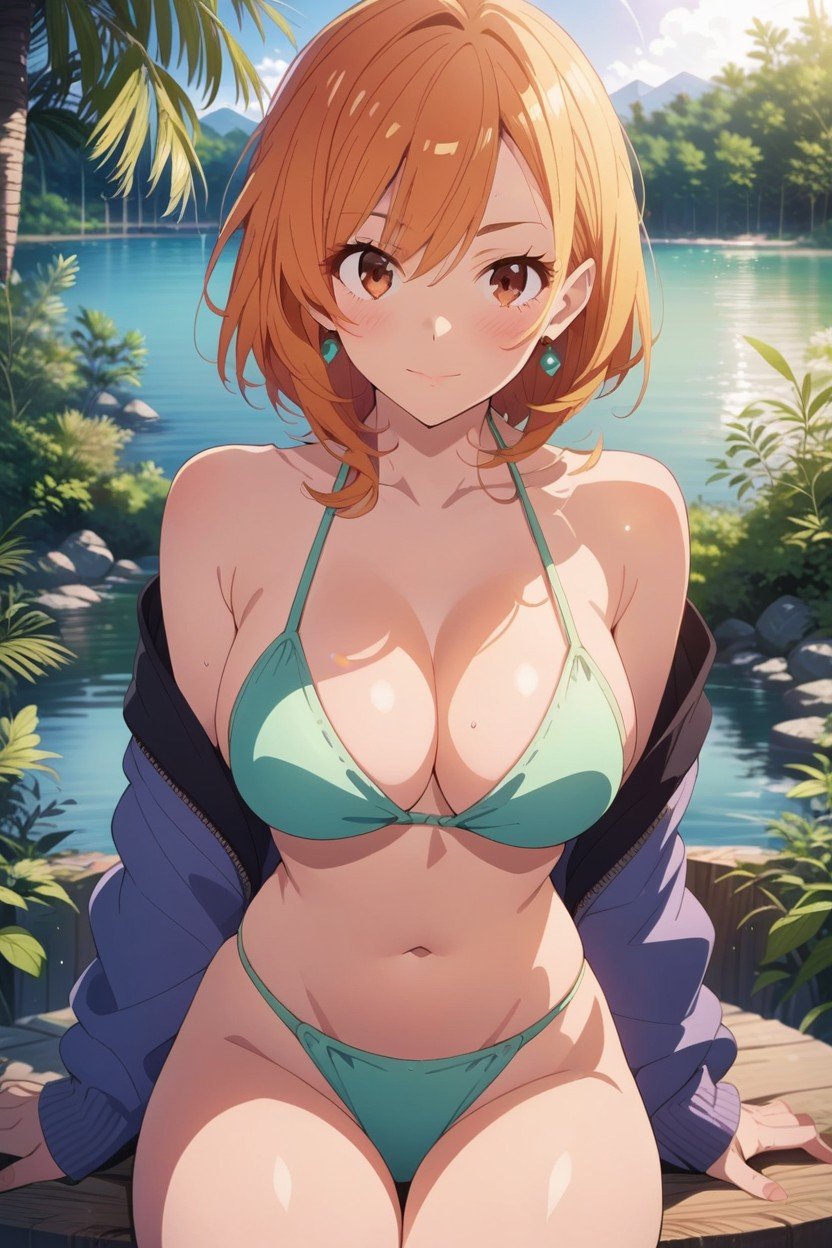 A Woman Is Sitting By A Lake Wearing Bikini, Frontansicht, BikiniHentai KI Porno