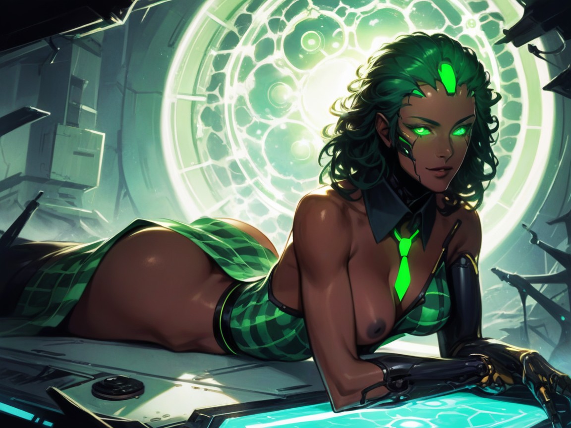 Green Hair Ribbon, Squared Thighs, Wearing Green Plaid Alien Clothes Hentai AI Porn
