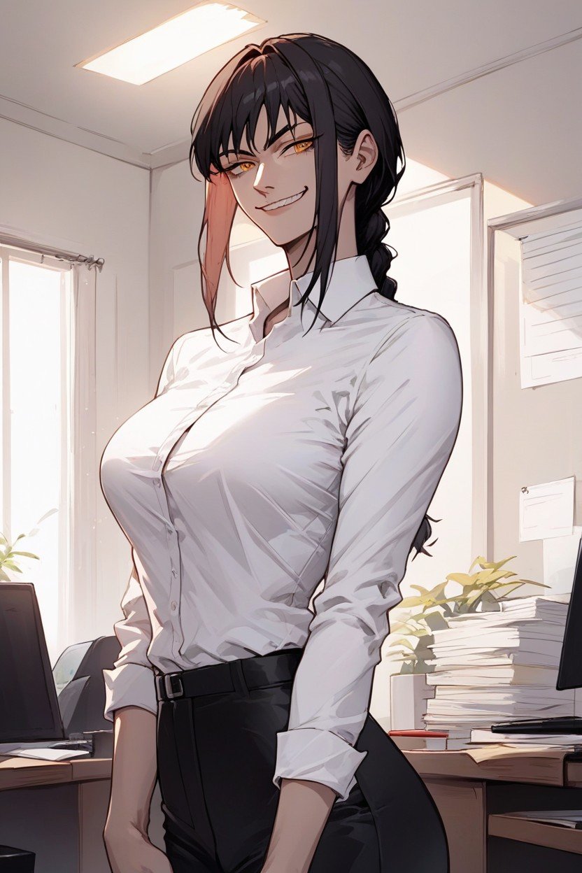 Makima From Chainsaw Man With Black Hair, Bedroom, Sorrir Ironicamente Travesti IA Pornô