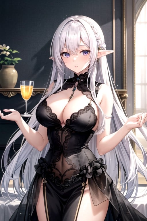 Black Corset, Deep Cleavage, Long Straight White Hair퍼리 AI 포르노