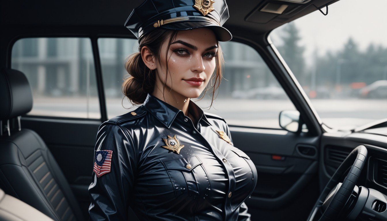 Cop Hat, Detailed Face, Large Natural BreastsニューハーフAIポルノ