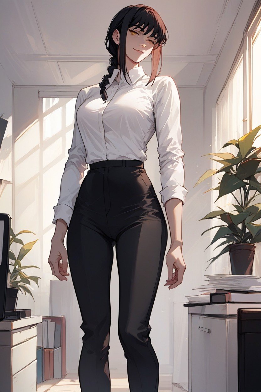 Taking Off The Pants, Black Office Pants, Makima From Chainsaw Man With Black Hair人妖AI色情