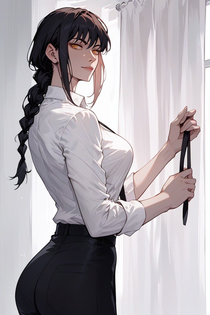 Makima From Chainsaw Man With Black Hair, Taking Off Her Pants, 귀여운 얼굴쉬메일 AI 포르노