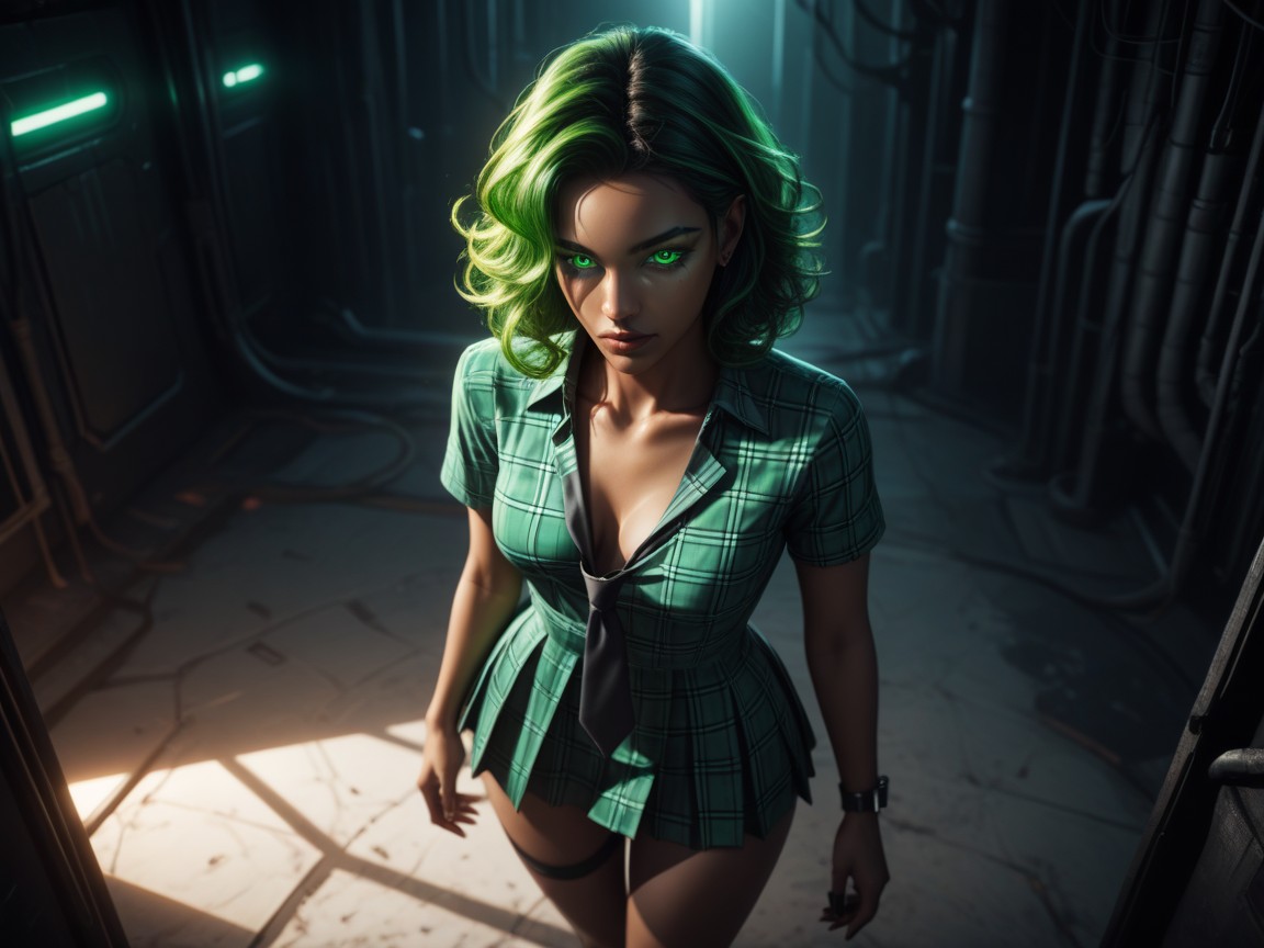 Ultra Detailed, Wearing Green Plaid Alien Clothes, Delgada Porno latina IA
