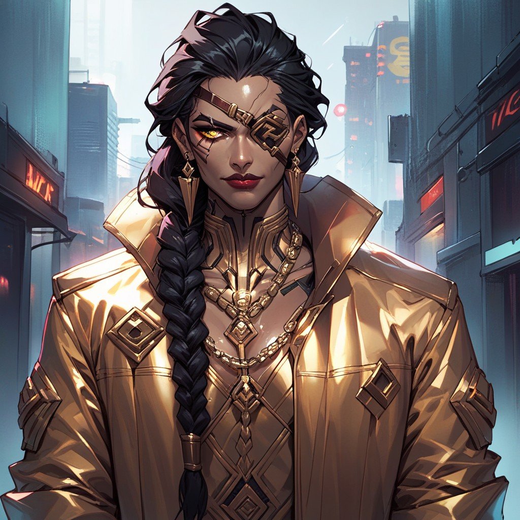 Cyberpunk City, Eyepatch On Right Eye, Oiled SkinPorno IA transsexuelle