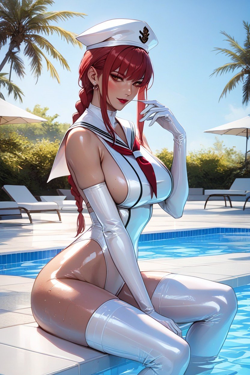 Crotchless, Sitting On Poolside, White Latex Sailor Uniform Swimsuit Hentai IA pornografia