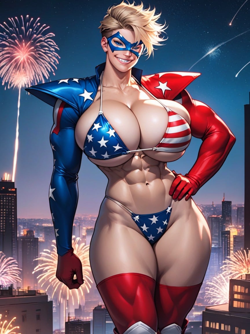 Red And Blue Shoulder Pads, Bikini Top Is Blue With White Stars, Thicc Ass Shemale AI Porn