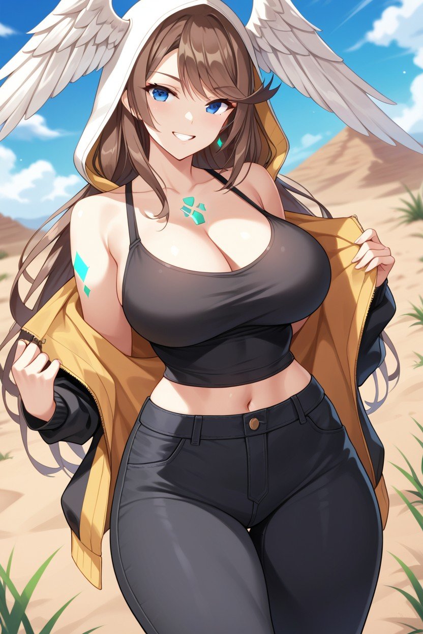 立つ, Eunie From Xenoblade Chronicles Black Jacket Black Pants Black Shirt Blue Eyes Breast Tattoo Breasts Brown Hair Cleavage Collarbone Grin White Head Wings Hood Hood Down Hooded Jacket Jacket Large Breasts Long Hair Looking At Viewer Open Clothes Open Jacket Pants Shirt Sleeveless Sleeveless Shirt Smile Solo Swept Bangs Tattoo Thick Thighs, オアシスヘンタイAIポルノ