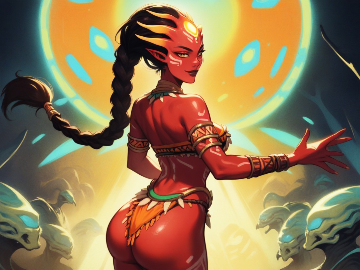 Side View, Alien Animals In Background, Arms Spread Hentai AI Porn