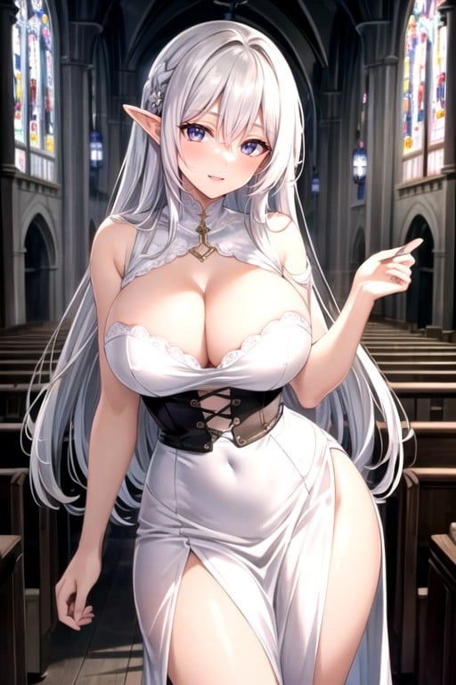 Long Straight White Hair, Black Corset, Elf WomanHentai IA