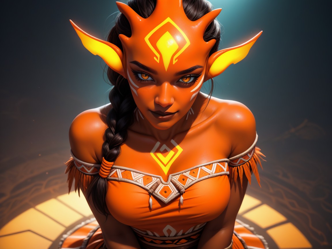 Tribal Wear, Saturated Colors, Neon Orange Glowing Alien Monuments Latina AI Porn