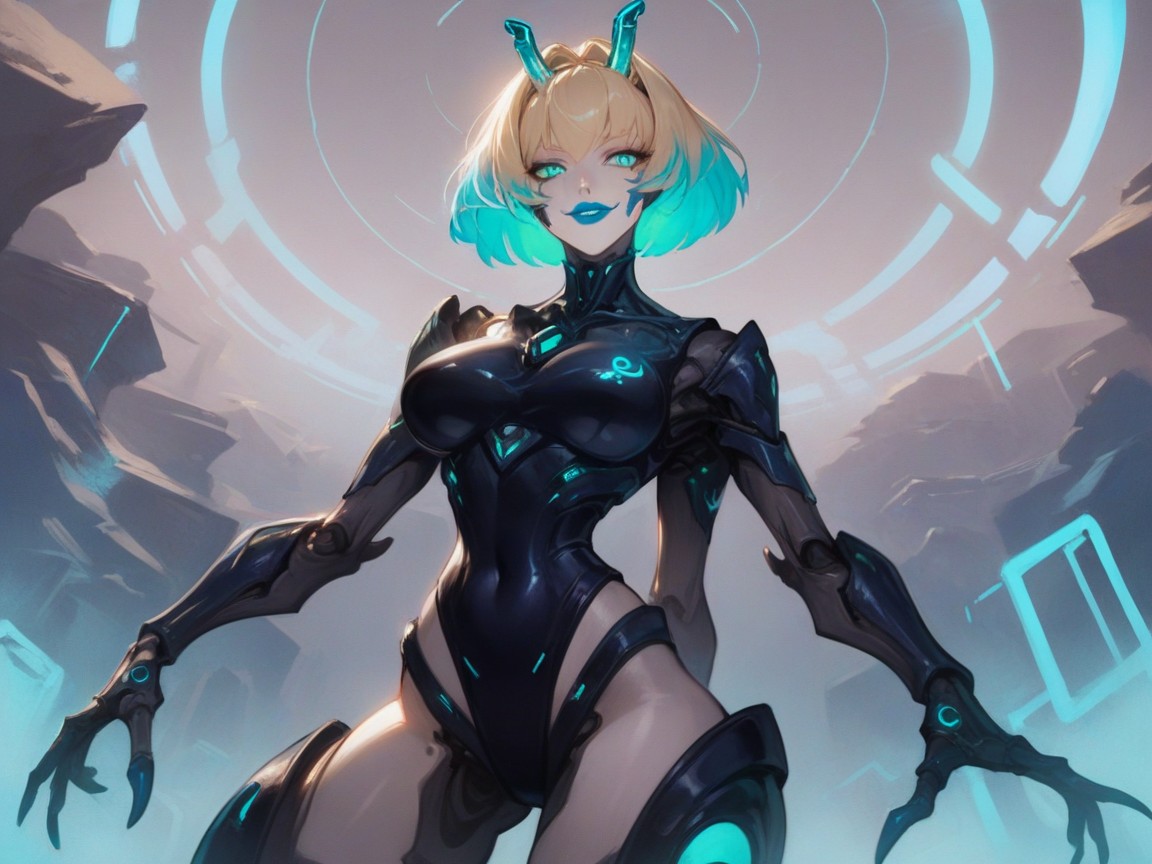 Glowing Blue Antennae, Neon Blue Led Lights Glowing, Low Torso Height Hentai AI Porn