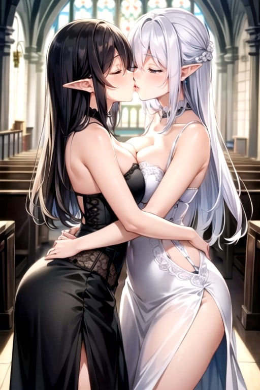 Deep Cleavage, Long White Dress, Long Straight White HairHentai IA