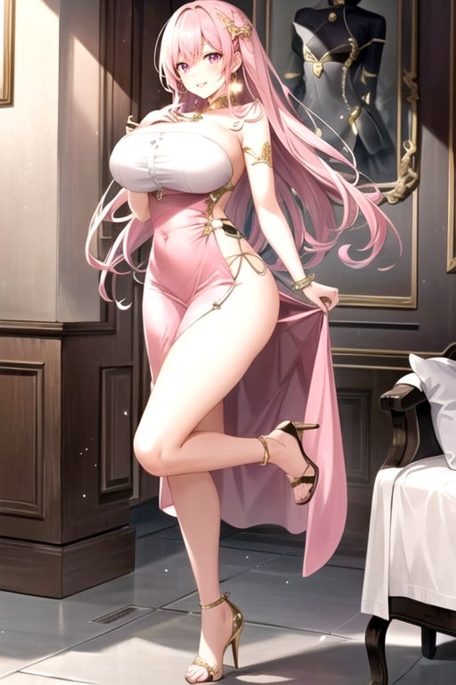 Strapless Dress, Pink Finger Nails, Gold Knees Hentai IA pornografia