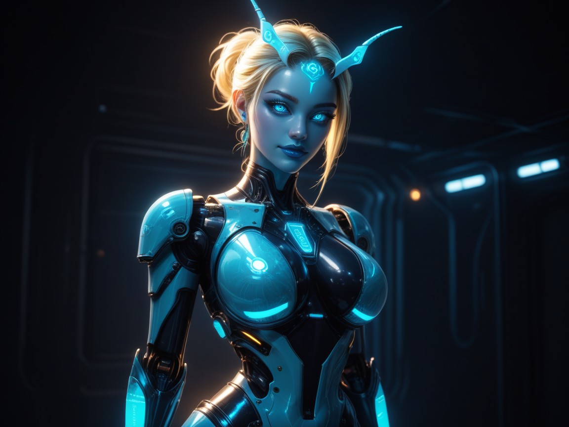 Sloped Shoulders, Holographic Interfaces, Wearing Blue Metallic Alien Clothes ラティーナAIエロ