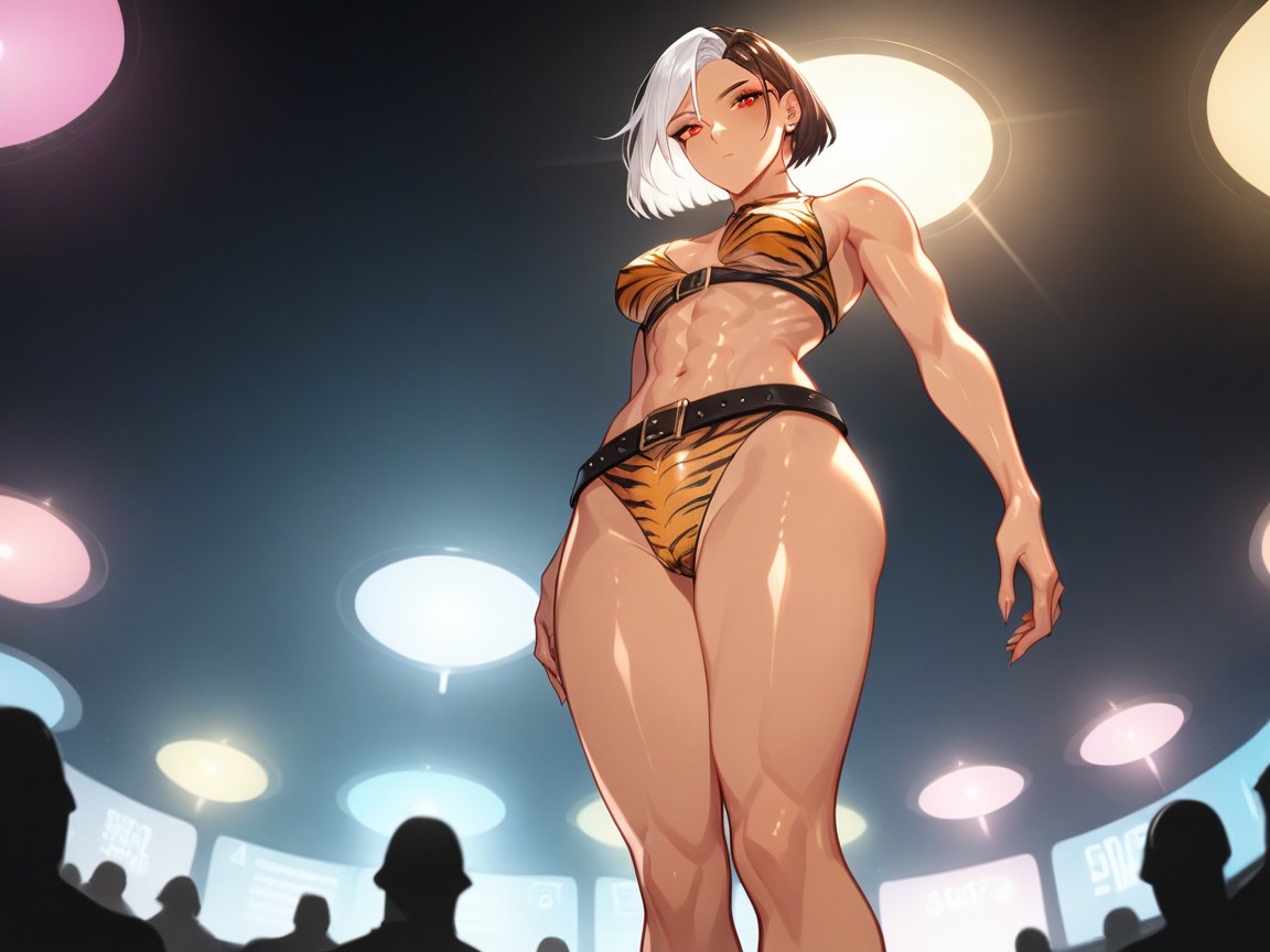 Silver Tiger Print Alien Mask, Fit Body, Wide Proportionate Waist AI Porn