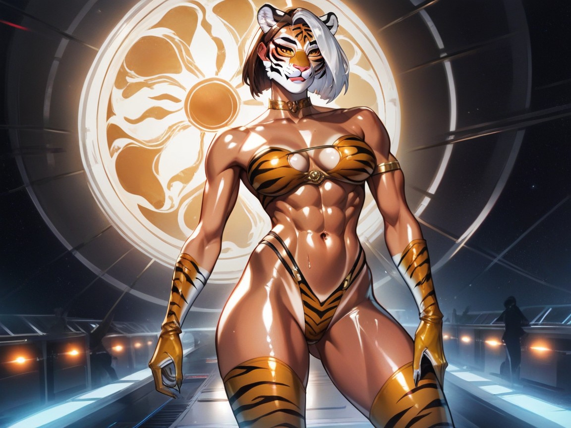 Squared Shoulders, Silver Tiger Print Poncho, Squared Chest Width Hentai AI Porn