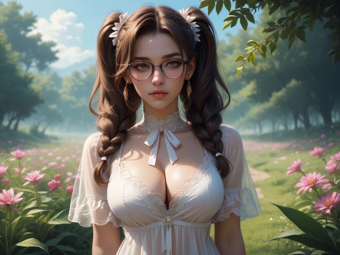 Brunette Pigtails, See Through White Dress, Lush Meadow人妖AI色情