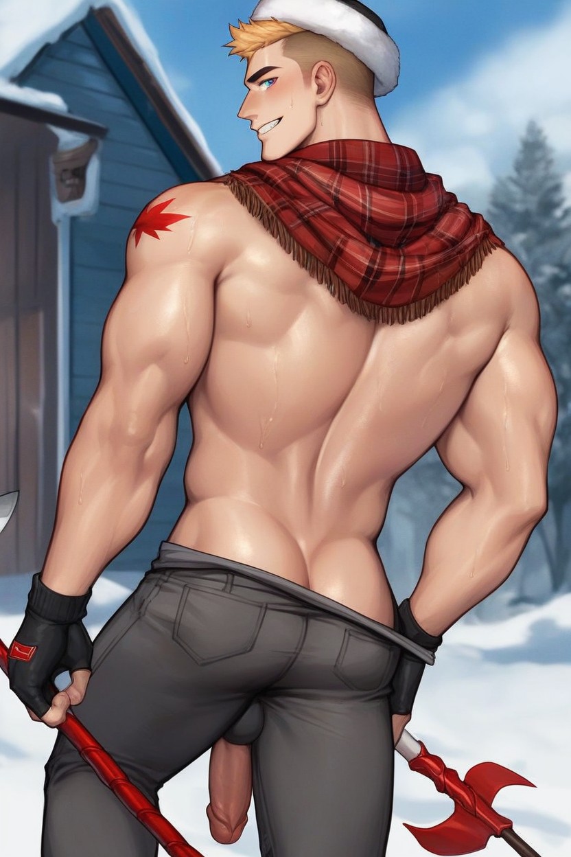 Flag Candada, Brown Winter Hat, Round Head AI Gay Porn
