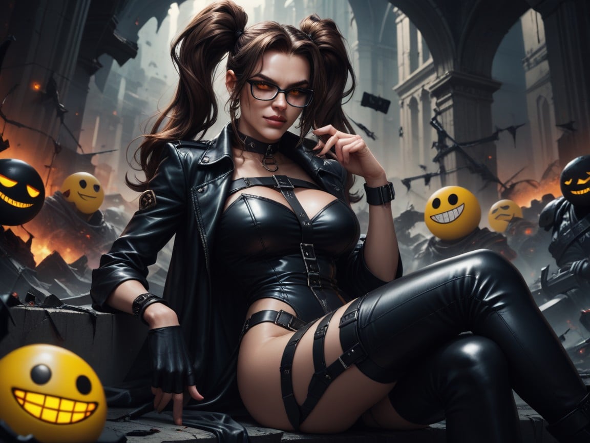 Sitting On Smiley Face World, Brunette Pigtails, Covered In Leather StrapsPorno IA transsexuelle