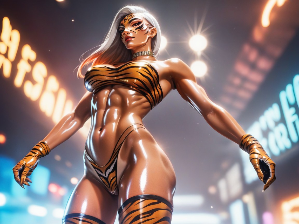 Silver Tiger Print Choker, Ultra Detailed, One Woman Hentai AI Porn