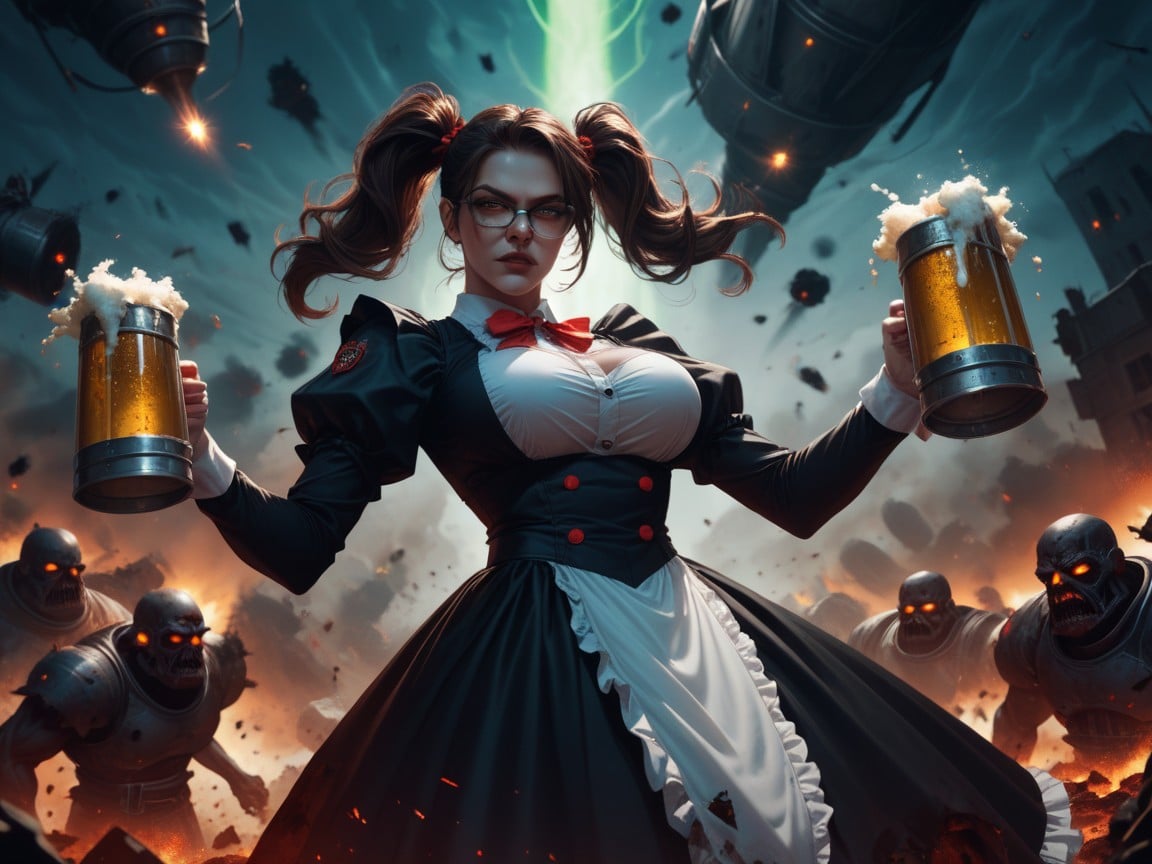 Brunette Pigtails, Glasses, German Barmaid OutfitAI兽人黄片