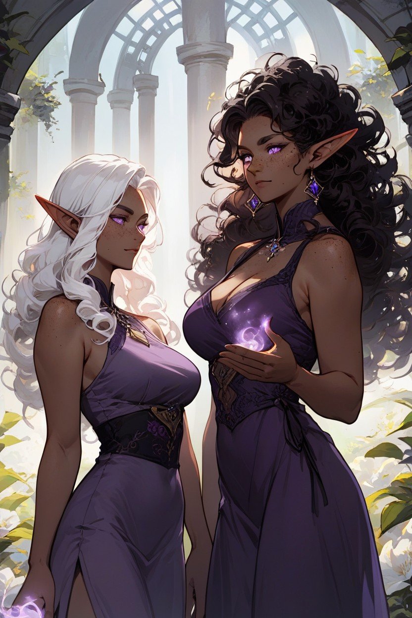 Two Women, Dark Brown Skinned Woman, Purple Dress Twins White HairファーリーAIポルノ