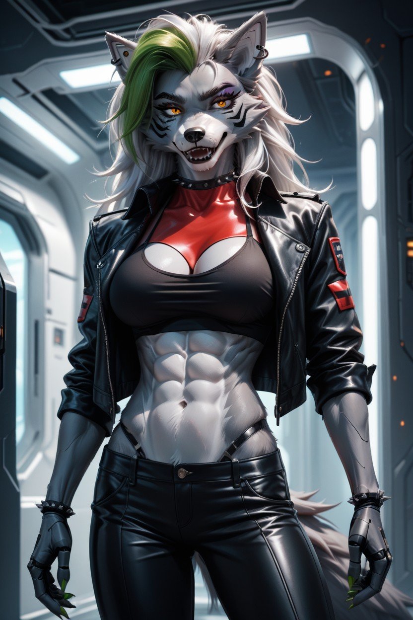 In A Black Buttoned Leather Jacket And Trousers, Furry, Spaceship Shemale AI Porn