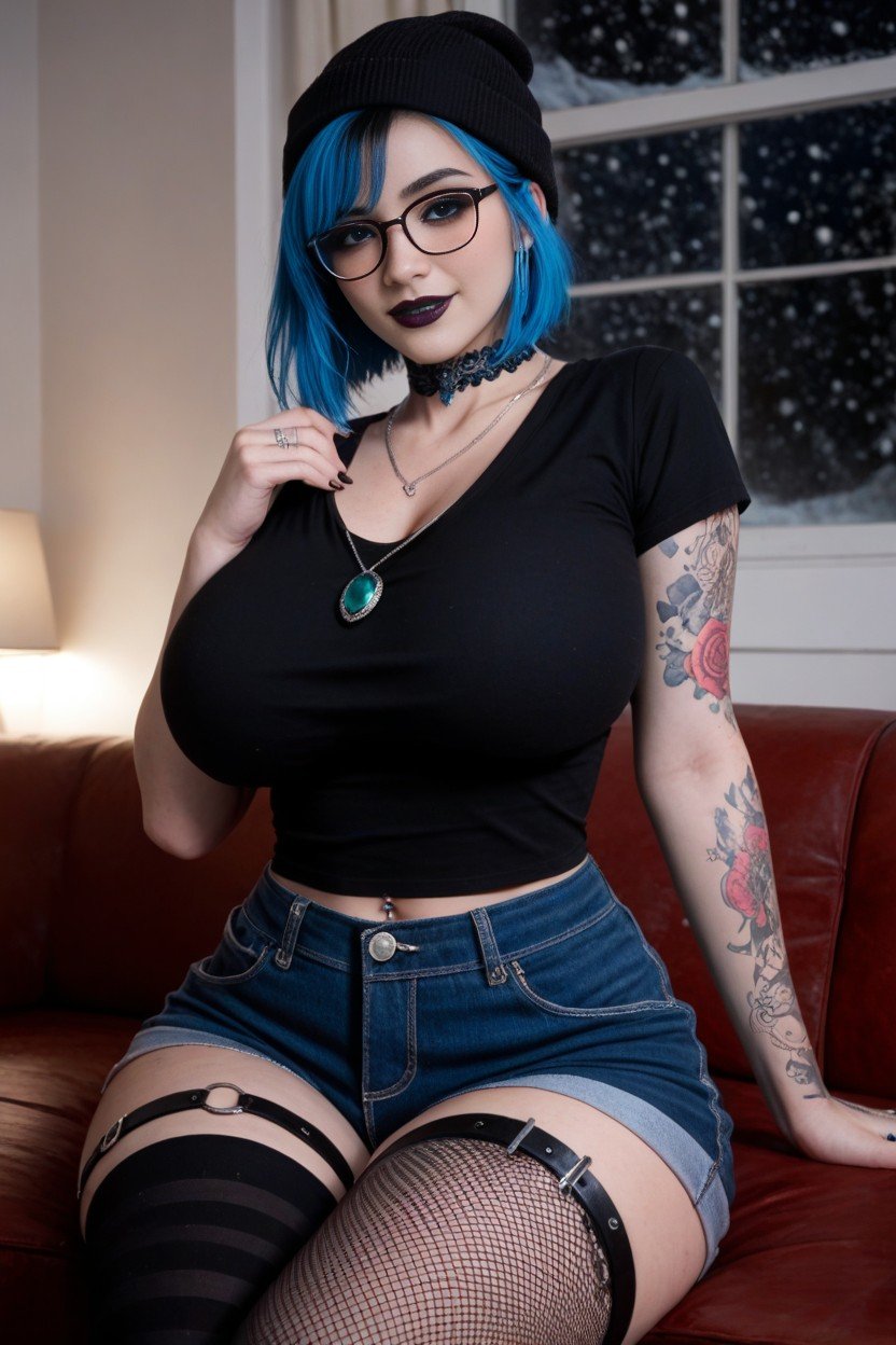 Glossy Black Lipstick, Round Face, Thigh High Striped SocksTransfrau KI-Porno