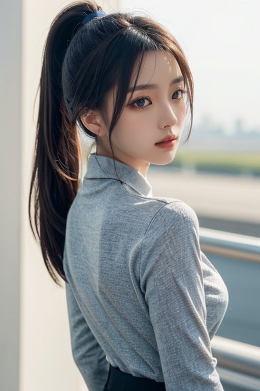 Bangs, Ponytail, 下视角人妖AI色情