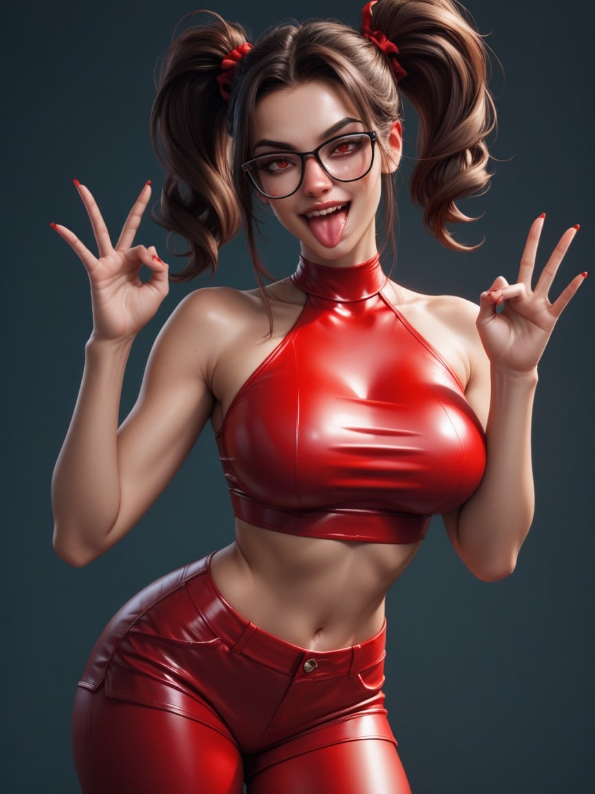 Tongue Sticking Out, Glasses, Brunette Pigtails Shemale AI Porn