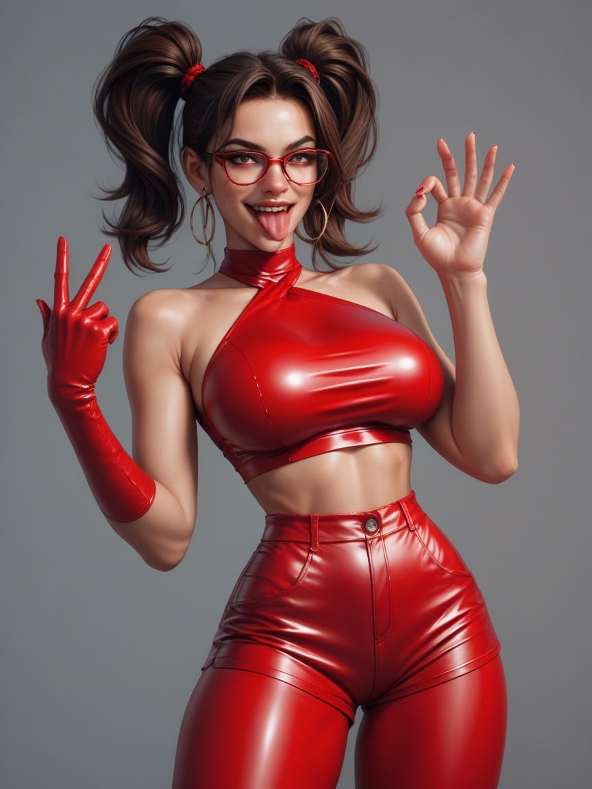 Red Tight Leather Halter Top, Red Tight Leather Booty Shorts, Glasses쉬메일 AI 포르노