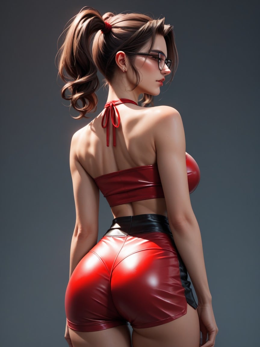 Ass Focus, Red Tight Leather Halter Top, Glasses人妖AI色情