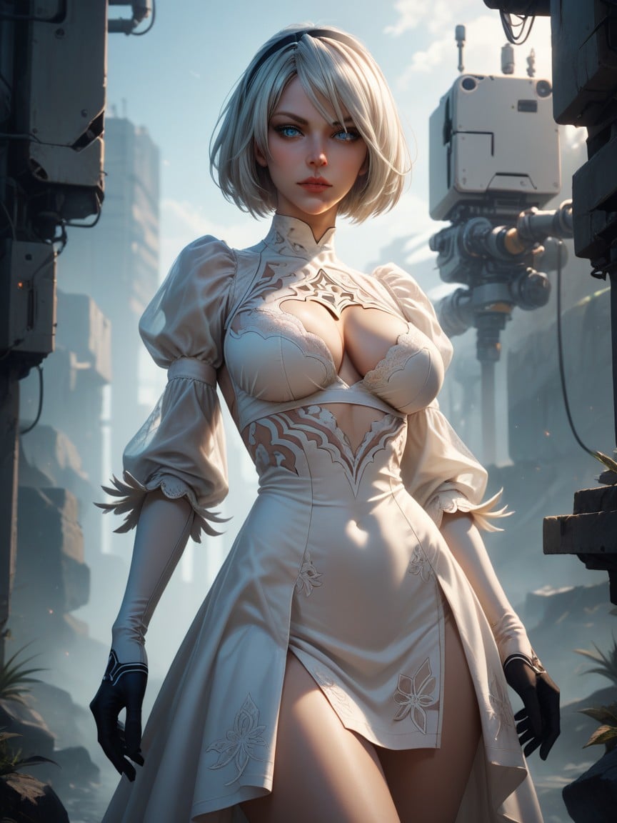 B From Nierautomata With Her Dress, Blue Eyes, Standing Travesti IA Pornô