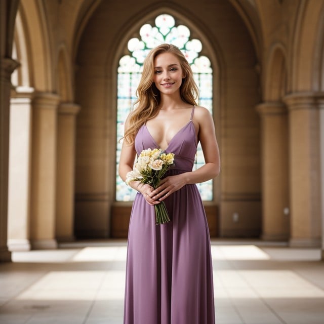 Elegant Lavender Bridesmaid Dress, Cabelo Loiro, Wide Angle Hentai IA pornografia