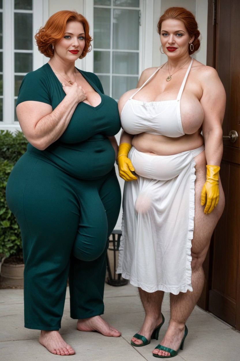 Yellow Circle Earrings, Big Belly, Standing On Front Porch Next To Front Door AI Porn