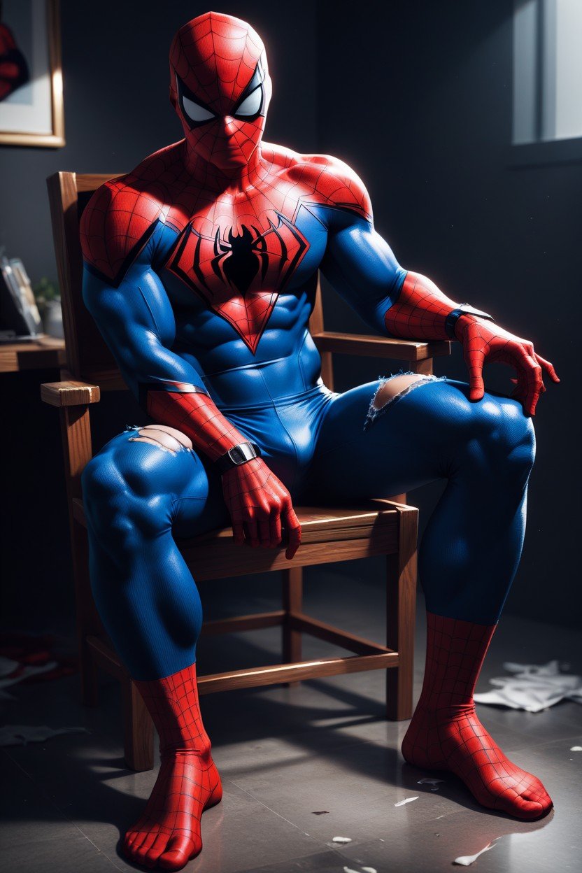 Spiderman Tied To A Chair Having His Feet Sucked By A Muscular Man, Spiderman's Costume Is All Ripped Smooth Skin AI Gay Porn